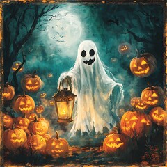 Wall Mural - Spooky Halloween invitation frame with glowing pumpkins and a ghostly figure holding a lantern