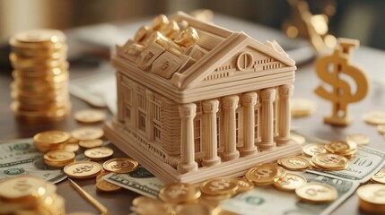 Wall Mural - A miniature model of a bank building surrounded by gold coins and dollar bills on a wooden table.