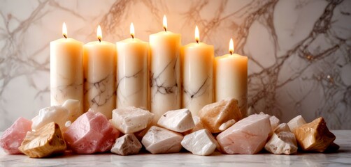Fototapete - A row of six white candles with black and gray marble patterns is lit, accompanied by various crystals and stones on a marble surface