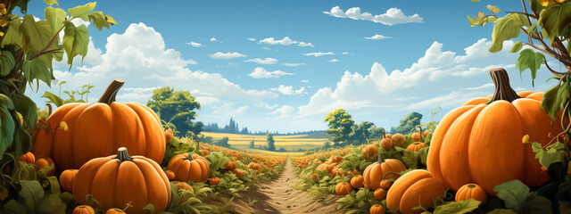 Wall Mural - Watercolor illustration with pumpkins field in autumn. Halloween time