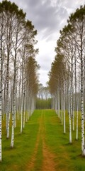 Poster - A serene path winds through a grove of birch trees, their white bark contrasting with the verdant grass beneath The trees stand tall and straight, their branches reaching