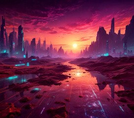 Poster - a futuristic cityscape at sunset, with towering skyscrapers silhouetted against a vibrant sky The city's architecture is reflected in a body of water, creating a