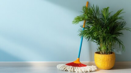 A mop with a colorful handle leaning against a wall next to a decorative plant, adding a touch of style to the cleaning routine in a stylish home