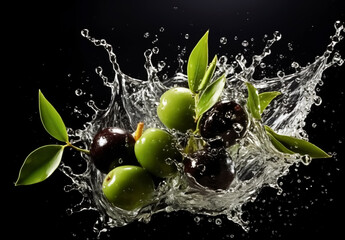 Olives in water splash in dark background
