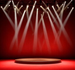 Poster - A circular stage with a dark brown top sits in the center red-painted stage, illuminated by a series of white spotlights that cast a dramatic glow on the background