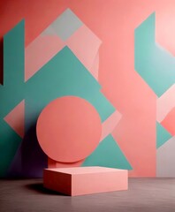 Leinwandbilder - A minimalist geometric composition with a pink and blue color palette, featuring a white rectangular platform in the foreground and a geometric pattern in the background
