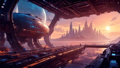 Aufkleber - a futuristic cityscape with a large, metallic structure dominating the foreground, and a futuristic cityscape in the background, with a large planet visible in the sky