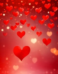 Leinwandbilder - Red hearts floating against a pinkish-red background with white and yellow bokeh lights