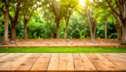 Poster - A wooden table in the foreground with a blurred park scene in the background, featuring trees and a grassy area