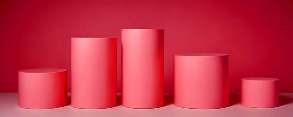Leinwandbilder - A collection of five cylindrical pedestals in varying sizes, all painted in a soft pink hue, arranged in a row against a solid pink background