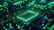 © 69 - Bright neon green data streams in a motherboard circuit, creating a futuristic internet and network technology wallpaper