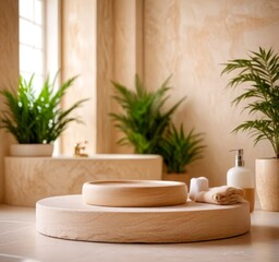 Aufkleber - A serene bathroom setting features a round wooden basin, a white soap dispenser, and two potted plants, with a window providing natural light