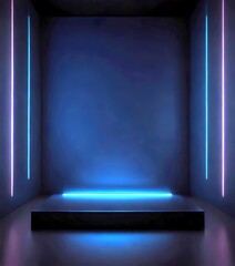 Poster - A dark room with a black platform and three vertical lines of blue and pink light, creating a minimalist and futuristic aesthetic