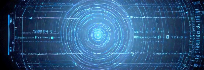 Poster - a dark, abstract background with a central circular element surrounded by concentric circles and lines of text