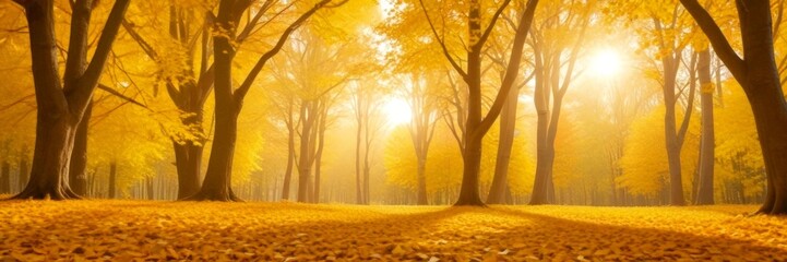 Poster - A serene autumn scene unfolds in a forest, with the sun's rays filtering through the trees and casting a warm glow on the ground below The trees, adorned with yellow