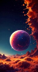 Leinwandbilder - a surreal, fantastical landscape with a large, glowing planet dominating the center, surrounded by smaller planets and stars The scene is set against a dark, starry sky, with