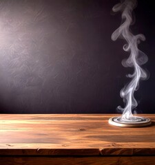 Poster - A wooden table with a white plate on it, against a dark background, with smoke rising from the plate