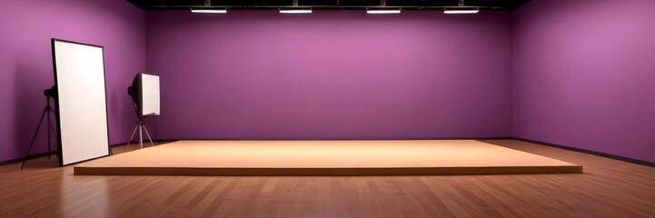Poster - An empty room with purple walls, a wooden floor, and two white light stands on a beige platform