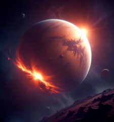Leinwandbilder - a large, reddish-orange planet with a prominent sunburst effect