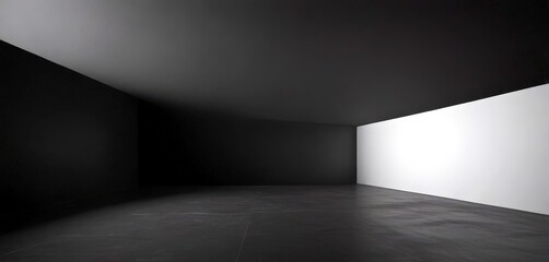 Poster - a minimalist interior space with a stark contrast between the dark and light walls, a stark white floor, and a minimalistic ceiling design