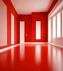 Leinwandbilder - A bright, empty room with red walls and white trim, featuring a large window and two white doors