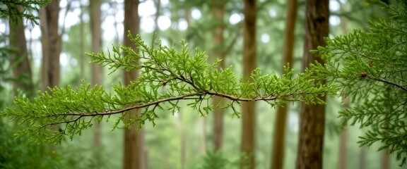 Poster - A close-up view branch with green leaves in a forest, with the background blurred to emphasize the branch