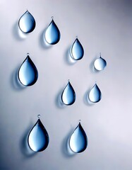 Leinwandbilder - Nine transparent water droplets of varying sizes are arranged in a grid-like pattern against a light gray background