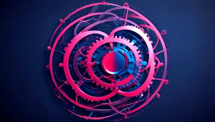 Poster - a complex, abstract design composed of various gears and cogs in shades of pink and blue, set against a dark background