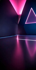 Poster - a dark room with a geometric pattern of triangular shapes, illuminated by pink and blue lights The room appears to be empty, with no visible objects or text