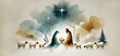 © melita - Watercolor painting representing Nativity scene in Bethlehem. Christmas scene illustration showing holy family baby Jesus in the manger Joseph and Mary. Wallpaper or banner copy space