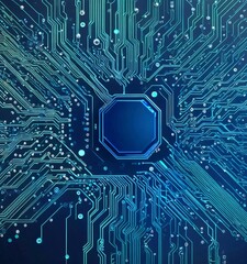 Aufkleber - a detailed view circuit board, with a central blue octagonal element surrounded by a complex network of interconnected lines and dots in shades of blue