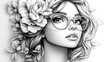 © ProPhotos - Pencil drawing of a beautiful girl with glasses, her hair beautifully decorated with flowers.