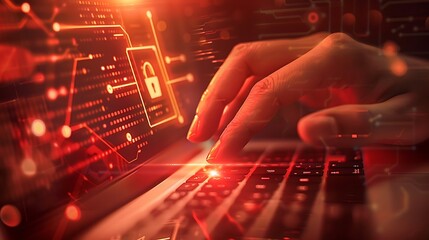 Cyber security concept. Hand pressing keypad lock on laptop keyboard