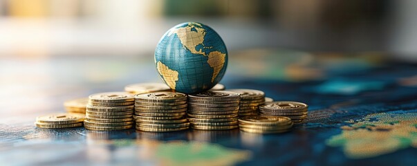 A globe on a stack of coins symbolizes global finance and economic growth, representing wealth and investment opportunities.