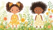 © ProPhotos - Two young girls, one with brown hair and the other with black hair, stand in a grassy field with wild flowers and greenery.