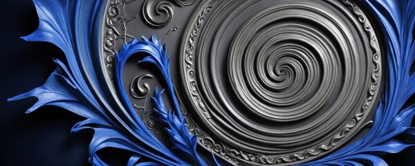 Poster - a close-up view of a spiral design on a dark background, with a blue and silver color scheme.