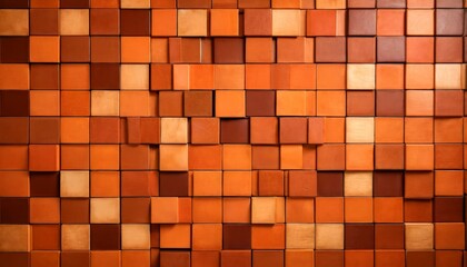 Leinwandbilder - A 3D of a wall composed of numerous small square tiles in various shades of orange and brown, creating a textured and visually appealing pattern.