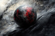 © Petzhy - A modern abstract design featuring floating sphere amidst swirling clouds, showcasing dramatic interplay of dark and red hues. artwork evokes sense of mystery and depth