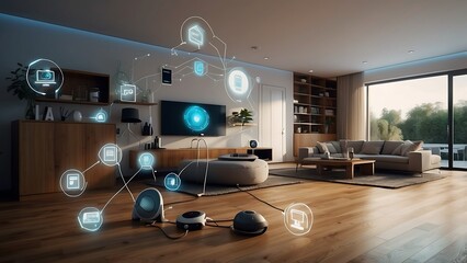 Modern Smart living room interior with innovative technology maintaining connections.