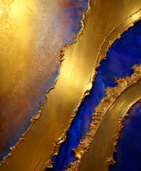 Fototapete - a close-up view textured surface with a golden and blue color palette The golden section appears to be cracked and weathered, while the blue section has a smooth,