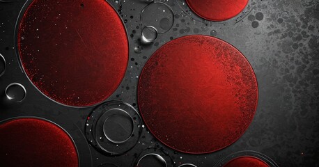 Aufkleber - a close-up view dark red circular object with a textured surface, surrounded by smaller circular objects in shades of black and silver, creating a visually striking