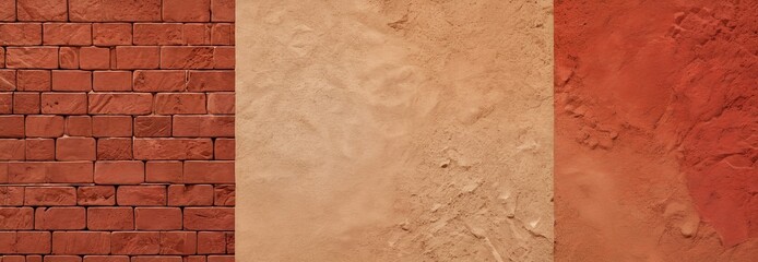 Poster - three distinct sections wall, each with a different color and texture On the left, a red brick wall with a rough texture In the middle, a light