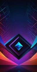 Poster - a digital art piece with a geometric design, predominantly in shades of blue, purple, and pink The central element is a diamond-shaped structure with a blue gemstone at