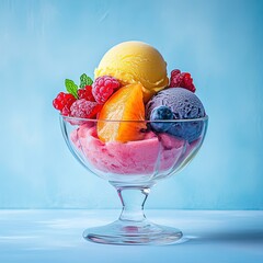 Wall Mural - fruit ice cream scoops with fresh berries and peach description: a bowl of colorful fruit ice cream 