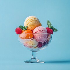 Wall Mural - fruit ice cream scoops with fresh berries and peach description: a bowl of colorful fruit ice cream 
