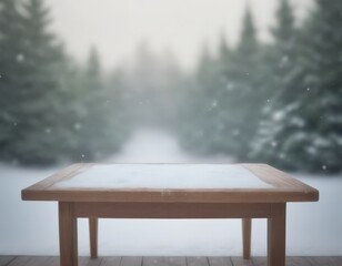 Leinwandbilder - A wooden table with a snow-covered surface sits in the foreground, with a blurred forest of pine trees visible in the background