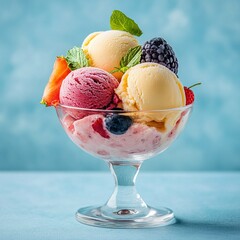 Wall Mural - fruit ice cream scoops with fresh berries and peach description: a bowl of colorful fruit ice cream 