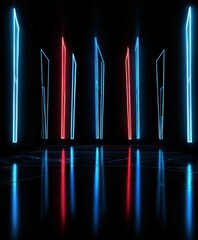 Leinwandbilder - A series of neon lights in red, blue, and white are arranged in a grid-like pattern, casting reflections on a reflective surface below