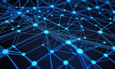Fototapete - A complex network of interconnected lines and dots, in shades of blue, forms a dense, intricate pattern against a dark background