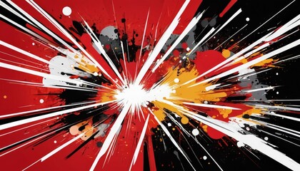 Fototapete - a vibrant explosion with a burst of white and yellow, surrounded by splatters of black and red, all set against a bold red background